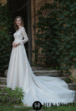Load image into Gallery viewer, HW3040 HERAWHITE Long Sleeve Lace A-Line Gown With Plunging V-Neck