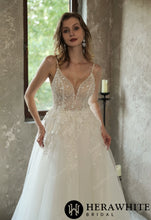 Load image into Gallery viewer, HW3035 HERAWHITE Sparkly Sequined Floral Tulle Ball Gown With V-neck