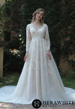 Load image into Gallery viewer, HW3040 HERAWHITE Long Sleeve Lace A-Line Gown With Plunging V-Neck