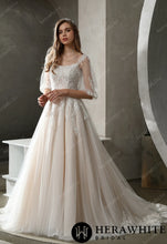 Load image into Gallery viewer, HW3026 HERAWHITE Beaded Lace A-line Wedding Gown with Scoop Neckline