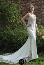 Load image into Gallery viewer, HW3041 HERAWHITE Beaded Fit And Flare Dress With V Neckline And Crepe Skirt