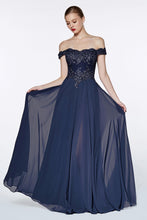 Load image into Gallery viewer, Off the shoulder lace bodice with scalloped neckline gown with elegant flowy chiffon skirting and kick panel leg slit.