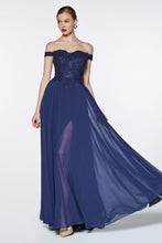 Load image into Gallery viewer, Off the shoulder lace bodice with scalloped neckline gown with elegant flowy chiffon skirting and kick panel leg slit.