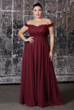 Load image into Gallery viewer, Off the shoulder lace bodice with scalloped neckline gown with elegant flowy chiffon skirting and kick panel leg slit.