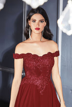 Load image into Gallery viewer, Off the shoulder lace bodice with scalloped neckline gown with elegant flowy chiffon skirting and kick panel leg slit.