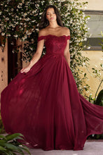 Load image into Gallery viewer, Off the shoulder lace bodice with scalloped neckline gown with elegant flowy chiffon skirting and kick panel leg slit.