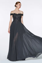 Load image into Gallery viewer, Off the shoulder lace bodice with scalloped neckline gown with elegant flowy chiffon skirting and kick panel leg slit.