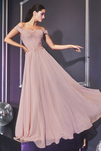 Load image into Gallery viewer, Off the shoulder lace bodice with scalloped neckline gown with elegant flowy chiffon skirting and kick panel leg slit.