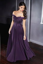 Load image into Gallery viewer, Off the shoulder lace bodice with scalloped neckline gown with elegant flowy chiffon skirting and kick panel leg slit.