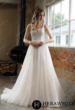 Load image into Gallery viewer, HW3003 HERAWHITE Square Neckline Wedding Dress with Delicate Leafy Lace