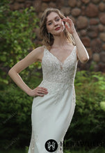 Load image into Gallery viewer, HW3041 HERAWHITE Beaded Fit And Flare Dress With V Neckline And Crepe Skirt