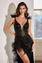 Load image into Gallery viewer, Ladivine 9312 - EMBELLISHED FITTED GOWN WITH FEATHER DETAILS