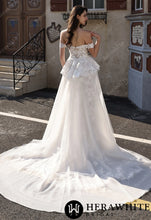 Load image into Gallery viewer, Hera White Bridal HW3801-O - Couture Off-the-Shoulder Floral Lace Mermaid Gown With Detachable Overskirt