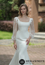 Load image into Gallery viewer, HW3073 HERAWHITE Square Neck Crepe Fit And Flare Wedding Dress With Tulle Bishop Sleeves