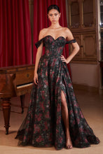 Load image into Gallery viewer, Ladivine CD806 - BLACK OFF THE SHOULDER BALL GOWN WITH FLORAL UNDERLAY