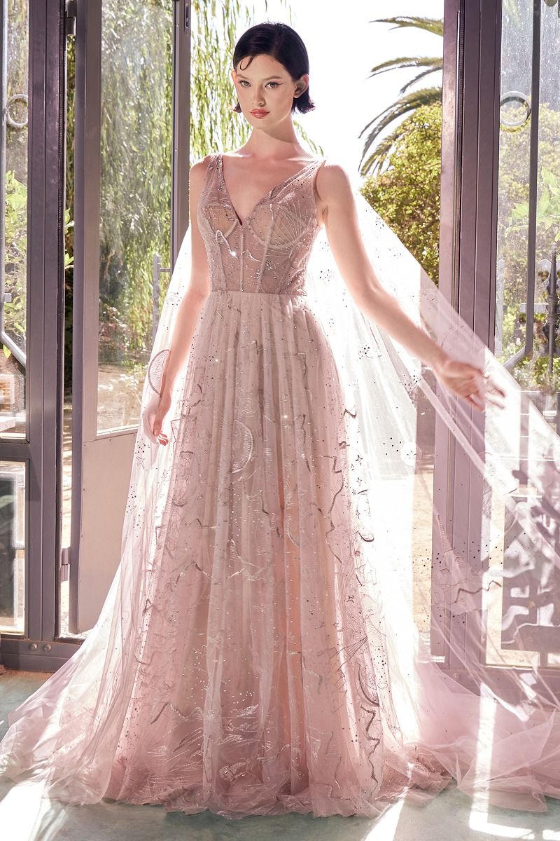 Andrea & Leo A1459 A Line Formal Long Corset Cape Prom Dress - Nude / 10