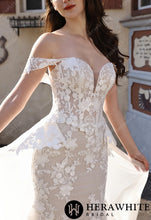 Load image into Gallery viewer, Hera White Bridal HW3801-O - Couture Off-the-Shoulder Floral Lace Mermaid Gown With Detachable Overskirt