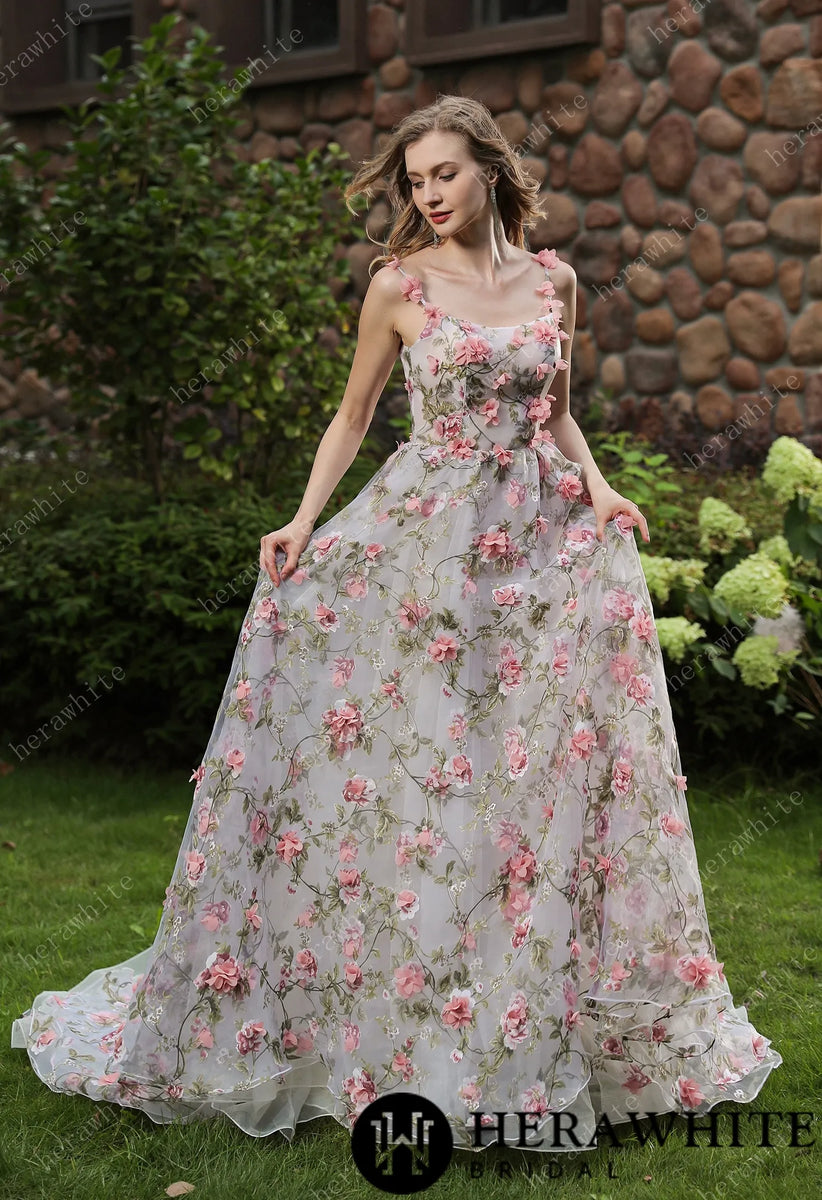 HW3042 HERAWHITE Romantic Square Neckline 3D Flowers Bridal Gown With Detachable Sleeves 6
