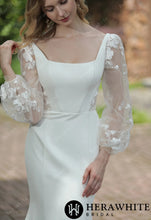 Load image into Gallery viewer, HW3073 HERAWHITE Square Neck Crepe Fit And Flare Wedding Dress With Tulle Bishop Sleeves