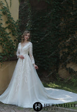 Load image into Gallery viewer, HW3040 HERAWHITE Long Sleeve Lace A-Line Gown With Plunging V-Neck