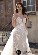 Load image into Gallery viewer, Hera White Bridal HW3801-O - Couture Off-the-Shoulder Floral Lace Mermaid Gown With Detachable Overskirt