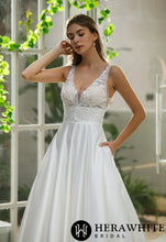 Load image into Gallery viewer, HW2515 HERAWHITE In Stock/ Illusion Bodice Satin A-line Bridal Gown With Pockets