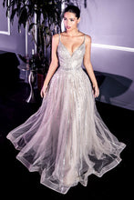 Load image into Gallery viewer, Striking embellished tulle overlay A-line floor length formal gown.