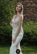 Load image into Gallery viewer, HW3041 HERAWHITE Beaded Fit And Flare Dress With V Neckline And Crepe Skirt