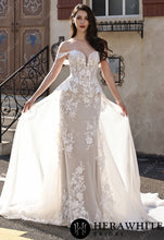 Load image into Gallery viewer, Hera White Bridal HW3801-O - Couture Off-the-Shoulder Floral Lace Mermaid Gown With Detachable Overskirt
