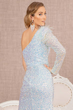 Load image into Gallery viewer, GL3128 GLS Collective Feather Sequin Asymmetric Long Sleeve Mermaid Dress