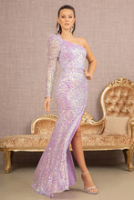 Load image into Gallery viewer, GL3128 GLS Collective Feather Sequin Asymmetric Long Sleeve Mermaid Dress