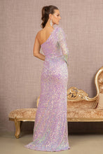Load image into Gallery viewer, GL3128 GLS Collective Feather Sequin Asymmetric Long Sleeve Mermaid Dress