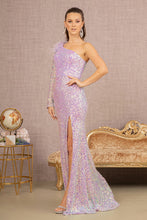 Load image into Gallery viewer, GL3128 GLS Collective Feather Sequin Asymmetric Long Sleeve Mermaid Dress