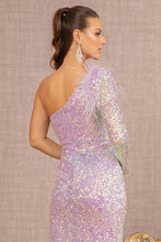 Load image into Gallery viewer, GL3128 GLS Collective Feather Sequin Asymmetric Long Sleeve Mermaid Dress