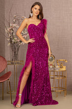 Load image into Gallery viewer, GL3154 by Gloria GLS Collective Asymmetric Sleeveless Feather Sequin Velvet Mermaid Dress