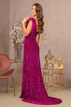 Load image into Gallery viewer, GL3154 by Gloria GLS Collective Asymmetric Sleeveless Feather Sequin Velvet Mermaid Dress