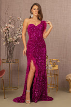 Load image into Gallery viewer, GL3154 by Gloria GLS Collective Asymmetric Sleeveless Feather Sequin Velvet Mermaid Dress