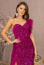 Load image into Gallery viewer, GL3154 by Gloria GLS Collective Asymmetric Sleeveless Feather Sequin Velvet Mermaid Dress