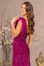 Load image into Gallery viewer, GL3154 by Gloria GLS Collective Asymmetric Sleeveless Feather Sequin Velvet Mermaid Dress