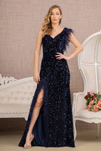 Load image into Gallery viewer, GL3154 by Gloria GLS Collective Asymmetric Sleeveless Feather Sequin Velvet Mermaid Dress
