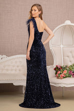 Load image into Gallery viewer, GL3154 by Gloria GLS Collective Asymmetric Sleeveless Feather Sequin Velvet Mermaid Dress