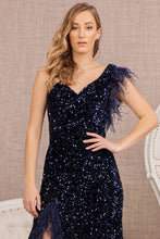 Load image into Gallery viewer, GL3154 by Gloria GLS Collective Asymmetric Sleeveless Feather Sequin Velvet Mermaid Dress