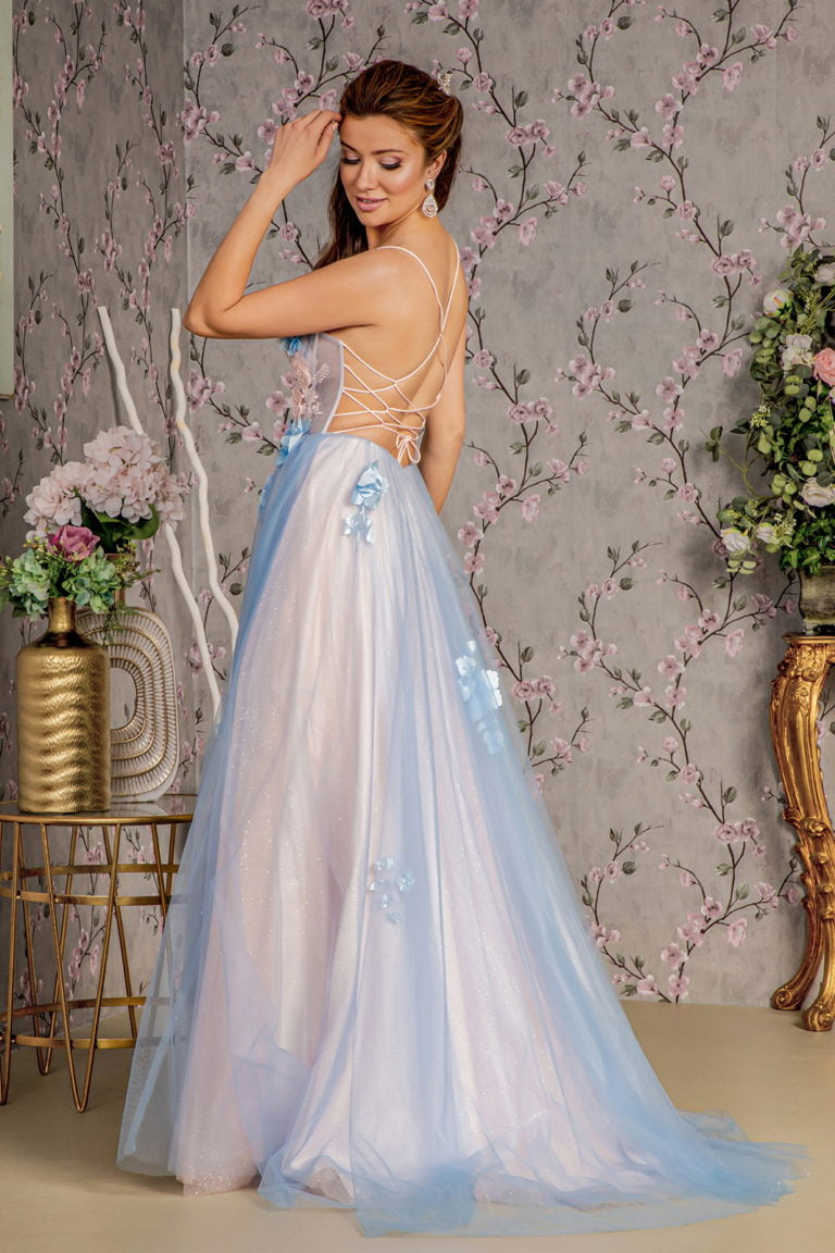 3D Floral Sleeveless A-line Slit Gown by GLS Gloria GL3250 M / Blue/Peach 3D Floral Sleeveless A-line Slit Gown by GLS Gloria GL3250 M / Blue/Peach