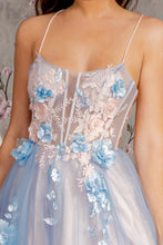 Load image into Gallery viewer, GL3250 GLS COLLECTIVE 3-D Flower Sheer Bodice Cut-out Back Mesh A-line Long Dress