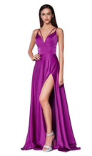 Load image into Gallery viewer, CS034 Ladivine Satin A-line v-neckline gown with side left side kick panel leg slit with double strap.