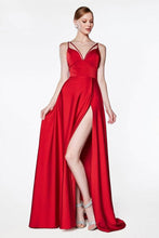Load image into Gallery viewer, CS034 Ladivine Satin A-line v-neckline gown with side left side kick panel leg slit with double strap.