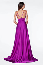 Load image into Gallery viewer, CS034 Ladivine Satin A-line v-neckline gown with side left side kick panel leg slit with double strap.