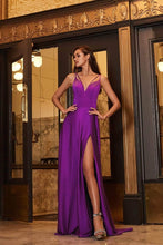 Load image into Gallery viewer, CS034 Ladivine Satin A-line v-neckline gown with side left side kick panel leg slit with double strap.