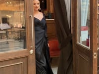 Load and play video in Gallery viewer, LUXURIOUS LONG SLEEVE SATIN FORMAL GOWN