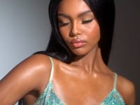 Load and play video in Gallery viewer, J810 Ladivine Stunning metallic embroidered lace basque waistline, v-neckline suspended from delicate spaghetti straps, and a sheer bustier bodice adding a flair of sensuality.